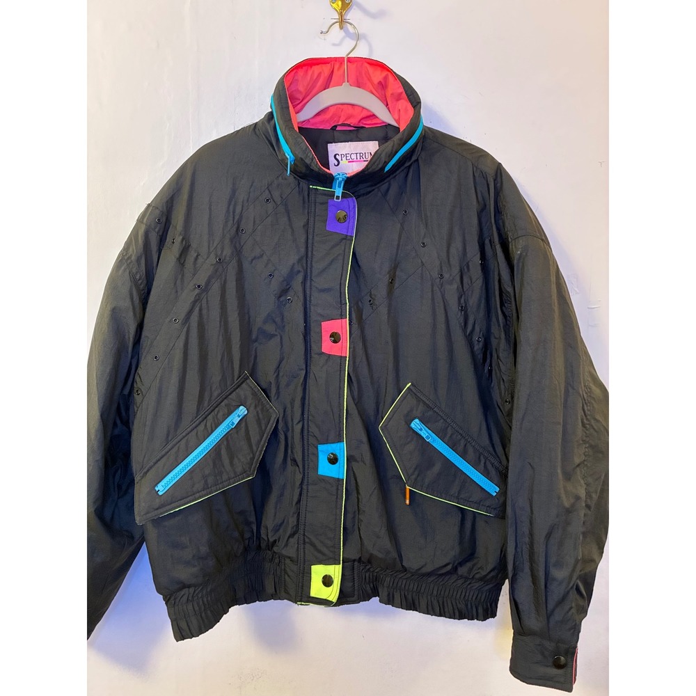 Vintage Spectrum Neon Colorblock Bomber Jacket Black 80s 90s Ski Windbreaker